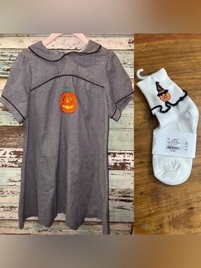 NEW Halloween Hartstrings White Socks with Pumpkin Design plaid Dress